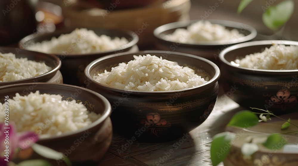 Six bowls of freshly cooked rice on the table. Generated by artificial intelligence. Six bowls of freshly cooked rice on the table. Generated by artificial intelligence.