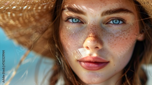 Close-up of a sun-kissed woman with a straw hat