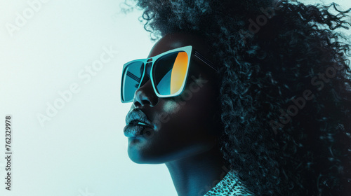 Showcasing the side profile of a woman with glasses, the image carries a cool blue hue emphasizing modern style and vision