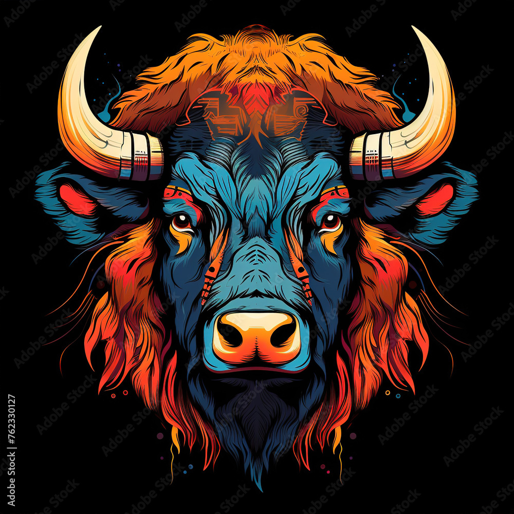 Painting colorful of a bison head on black background. Mammals. Wild Animals. Illustration, Generative AI.