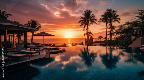 sunset above a luxory tropical hotel swimming pool