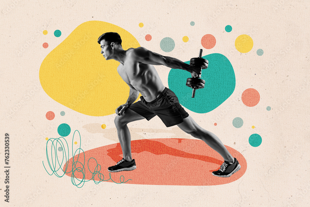 Composite image collage 3d sketch artwork of young guy athlete pump muscles press biceps triceps dumbbell exercise isolated on painted background - obrazy, fototapety, plakaty 