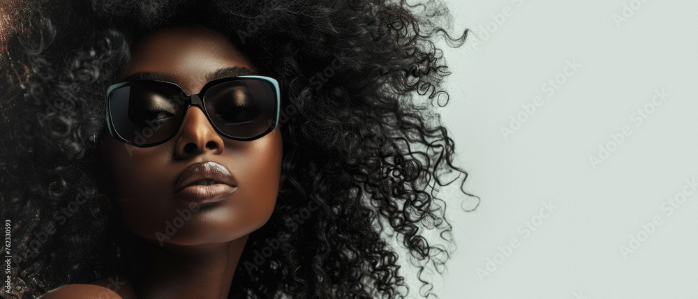Stylish model with an empowering look wearing black framed sunglasses and curly hair Stylish model with an empowering look wearing black framed sunglasses and curly hair