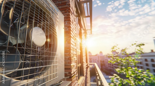 Air heat pump for cooling or heating a house on the wall of a building. Reliable and versatile: This air heat pump is designed to adapt to your changing climate needs.