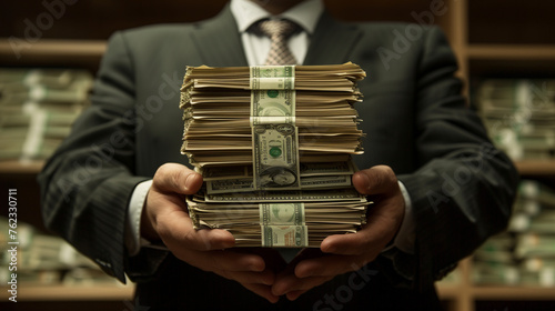  busines man in a bank with money give you money represent corruption photo
