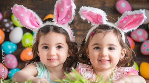 Young girls in Easter bunny ears with colorful eggs
