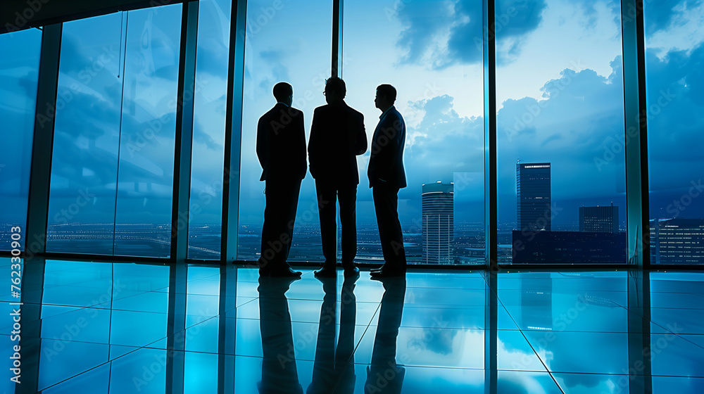 silhouette of businesmans in the window view to the city silhouette of businesmans in the window view to the city