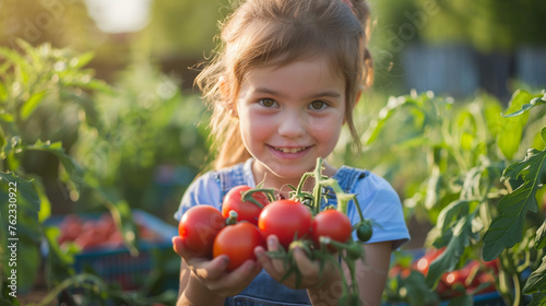 Cute little girl harvest tomatoes in the backyard garden where her family growing food
