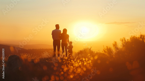 silhouette of a family in the sunset end of the daytrip hiking in the nature photo
