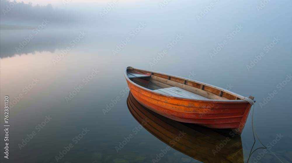 Serene lake scene with solitary wooden boat in mist
