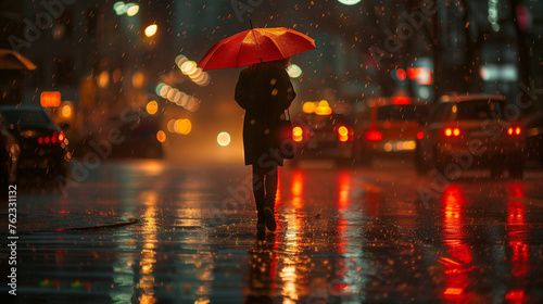 A woman alone with a red umbrella walking in the rainy city at night photo