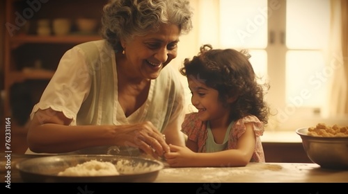 Spanish grandmother teaches her granddaughter to make a traditional family food, generation concept, banner photo