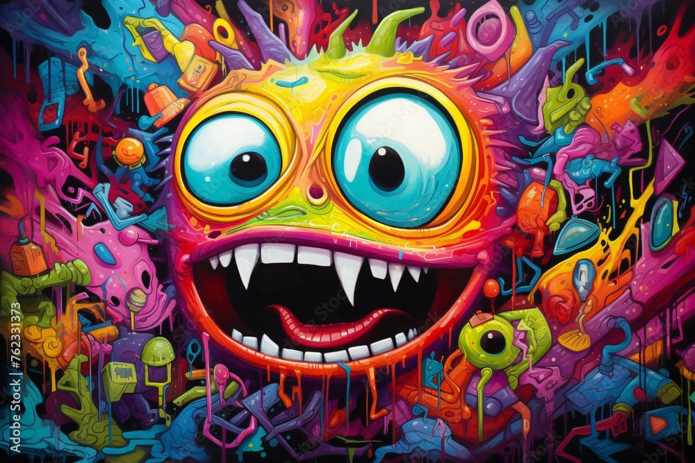 a colorful cartoon character with large eyes