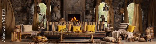 Living room interior with fireplace, sofa, table, chairs, and decorations in rustic style