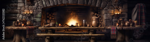 A rustic stone fireplace with a crackling fire and a wooden table set with a variety of food and drink.