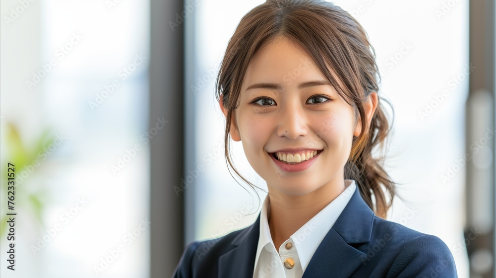 Confident young Japanese businesswoman smiling in office Confident young Japanese businesswoman smiling in office