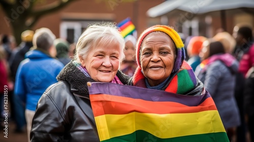 Happy smiling of LGBT senior woman couple, parade, pride day, rainbow flag, concept of equal, banner