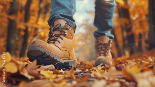 Hiking boots stepping on autumn leaves in the forest photo
