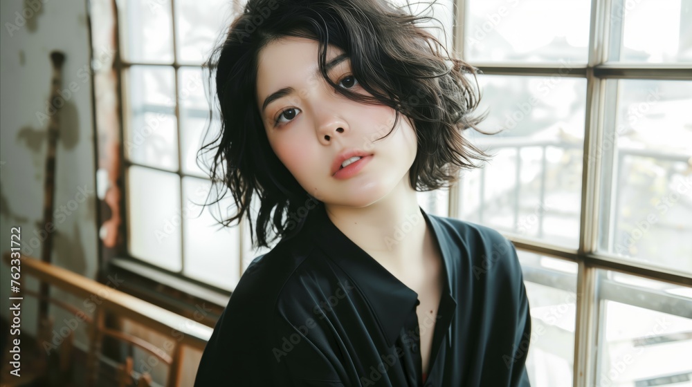 Stylish Japanese woman enjoying natural light by the window Stylish Japanese woman enjoying natural light by the window