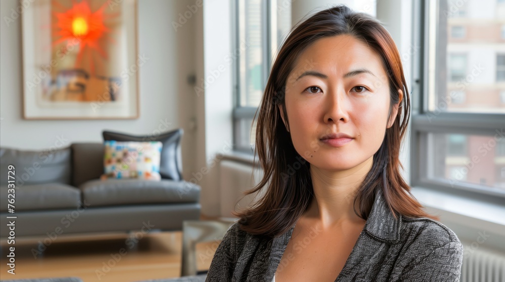 Confident Japanese woman in a modern living room setting Confident Japanese woman in a modern living room setting