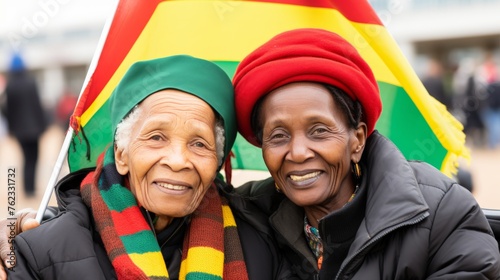 Happy smiling of LGBT African senior woman couple, parade, pride day, rainbow flag, concept of equal, banner