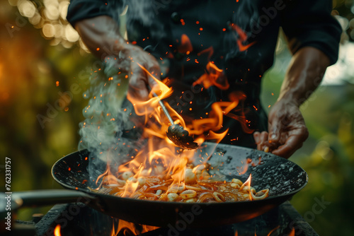 Professional Chef Cooking Stir-Fry in Outdoor Kitchen