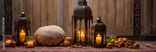 Ramadan still life with dates, figs, lantern and sack on a red patterned carpet.