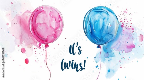 Pregnancy announcement concept illustration. Baby gender reveal party concept. Two watercolor painted balloons with paint splashes. Pink and blue colored - for girl and boy twins.