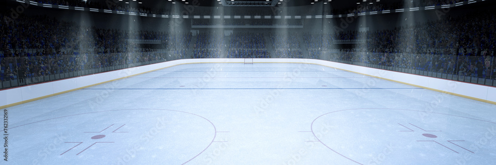 Fototapeta premium 3d render of empty ice hockey rink with illuminated surroundings and spectator stands. Flyer for advertising sports event, hockey match. Concept of season ticket sales for local ice hockey team