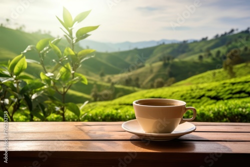 a cup of tea on a wooden table with a tea plantation backdrop
