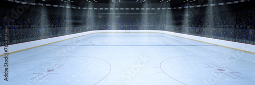 3d render of empty ice hockey rink with illuminated surroundings and spectator stands. Flyer for advertising sports event, hockey match. Concept of season ticket sales for local ice hockey team