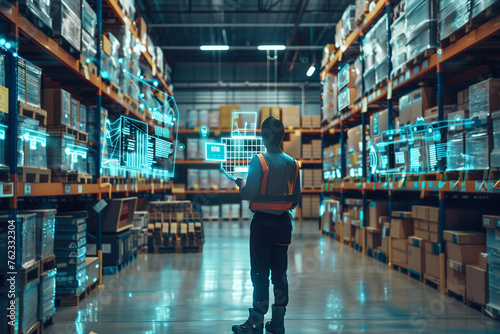 Futuristic Technology Retail Warehouse: Worker Doing Inventory Walks when Digitalization Process Analyzes Goods Cardboard Boxes Products with Delivery Infographics in Logistics Distribution Center