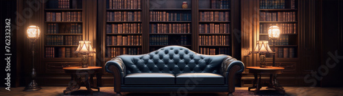 A dimly lit library with a blue leather couch and two end tables with lamps on them. © samira
