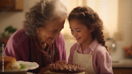 Spanish grandmother teaches her granddaughter how to make a traditional family cake, generation concept, banner