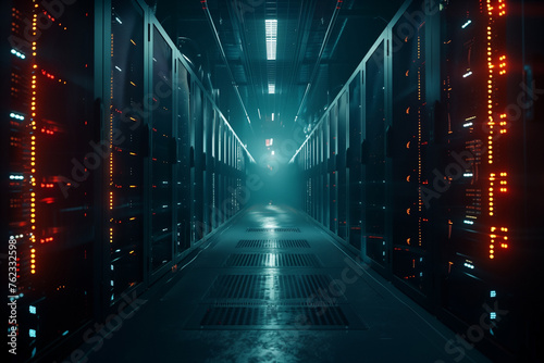 Modern Data Technology Center with Server Racks in Dark Room with Illuminated Screens