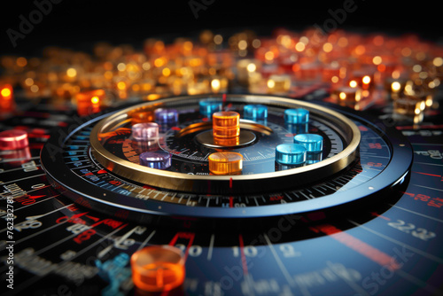 Conceptual image of a stock market compass pointing to various financial sectors against a solid color.