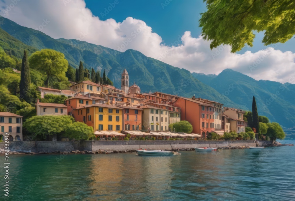 Scenic view of colorful houses by the lake surrounded by green hills under blue sky