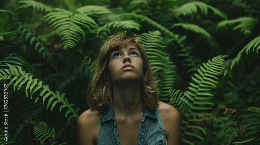 Young woman enjoying tranquil nature in lush greenery Young woman enjoying tranquil nature in lush greenery