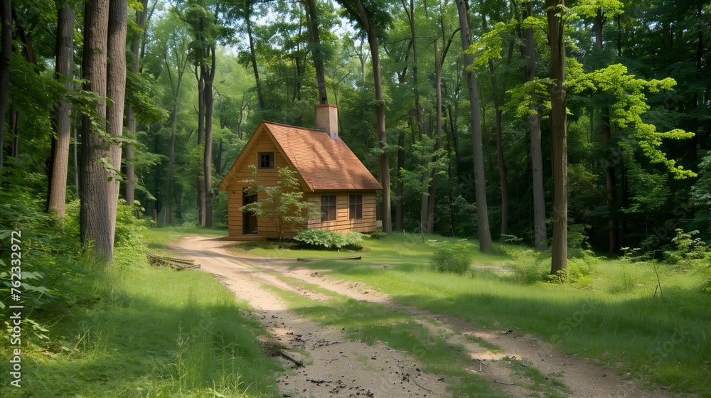 Secluded cabin in a serene forest setting with sunlight