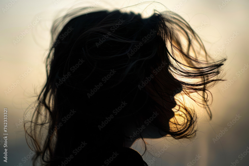 Naklejka premium Silhouette of woman's head with waving hair, back light.