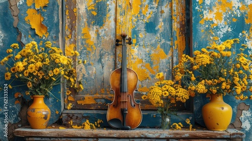 featuring golden Ukrainian wheat, the dark yellow and blue colors of the Ukrainian flag, Ukrainian flowers, and a violin duet. photo