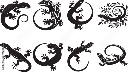 Black silhouette of lizard and geckos in different poses surrounded by foliage and floral elements photo