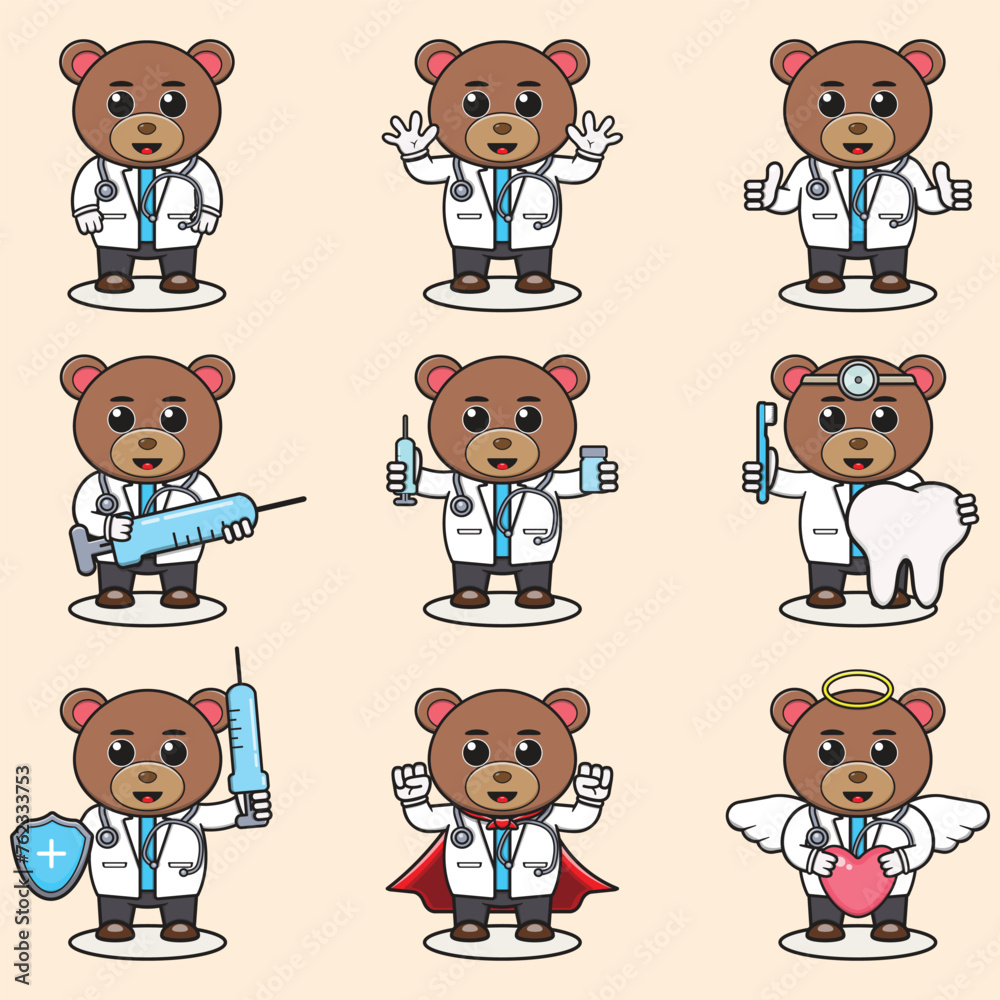 Vector Illustration of Cute Bear cartoon with Doctor costume. Set of cute Bear characters. Collection of funny little Bear.