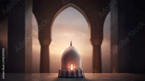 3D rendering of a glowing mosque with intricate details and a warm color palette.