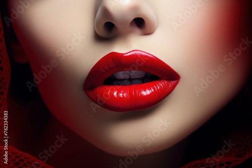 Glossy Red sexy lips. Female mouth fashion. Generate AI © juliars