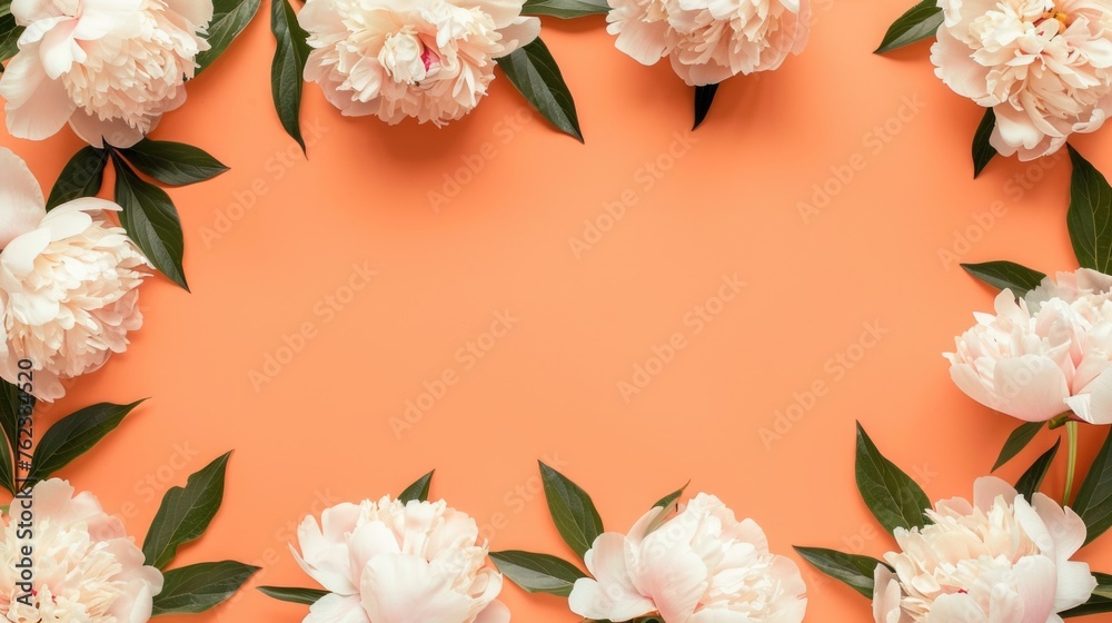 A frame of white peonies and green leaves on an orange background