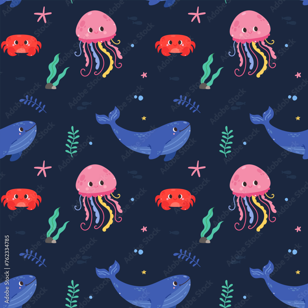 Cute seamless vector pattern with marine animals, marine life, crab, whale, shark, octopus, cute baby pattern Cute seamless vector pattern with marine animals, marine life, crab, whale, shark, octopus, cute baby pattern