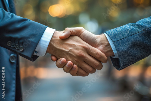 A professional photograph capturing the moment of negotiation as business partners shake hands in agreement, sealing a deal that promises mutual benefit and success. photo