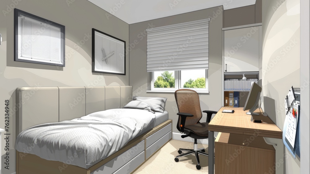 an office bedroom featuring a single bed with a headboard, a small window adorned with a Roman blind, a desk, and storage, all decorated in neutral tones.