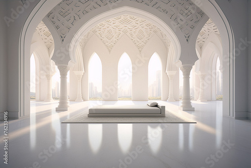 Futuristic white minimal islamic architecture with arches and columns 3D illustration